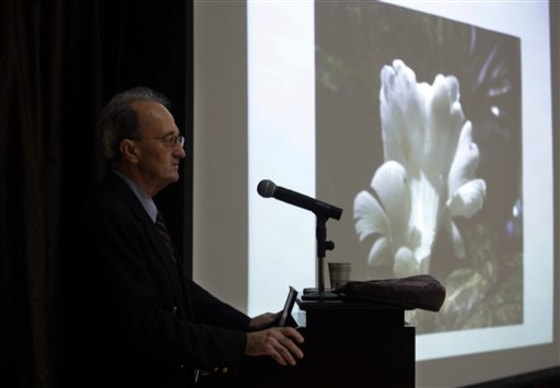 Robert Fontaine, an epidemiologist with the U.S. Centers for Disease Control and Prevention, talks about the Trogia mushroom, seen at right, believed to be the cause of decades of Sudden Death Syndrome in southern parts of China, during a presentation in Beijing on Tuesday.